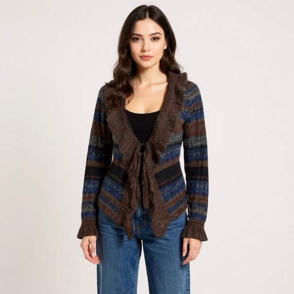 Y2K 90s Mohair Cardigan Sz.M Striped Ruffle Brown Whimsigoth Fairy Grunge Boho - Picture 13 of 14